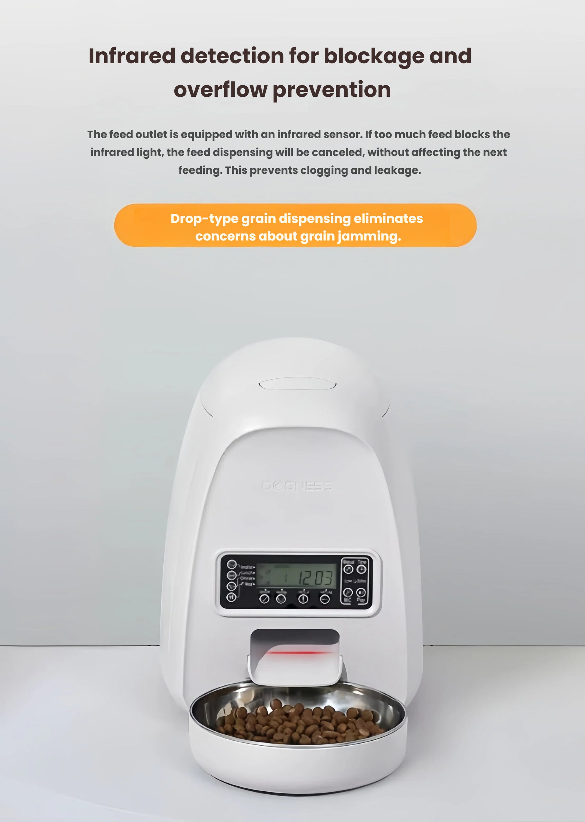 White DOGNESS Mini feeder with infrared detection prevents clogging and overflow, ensuring reliable scheduled feeding.