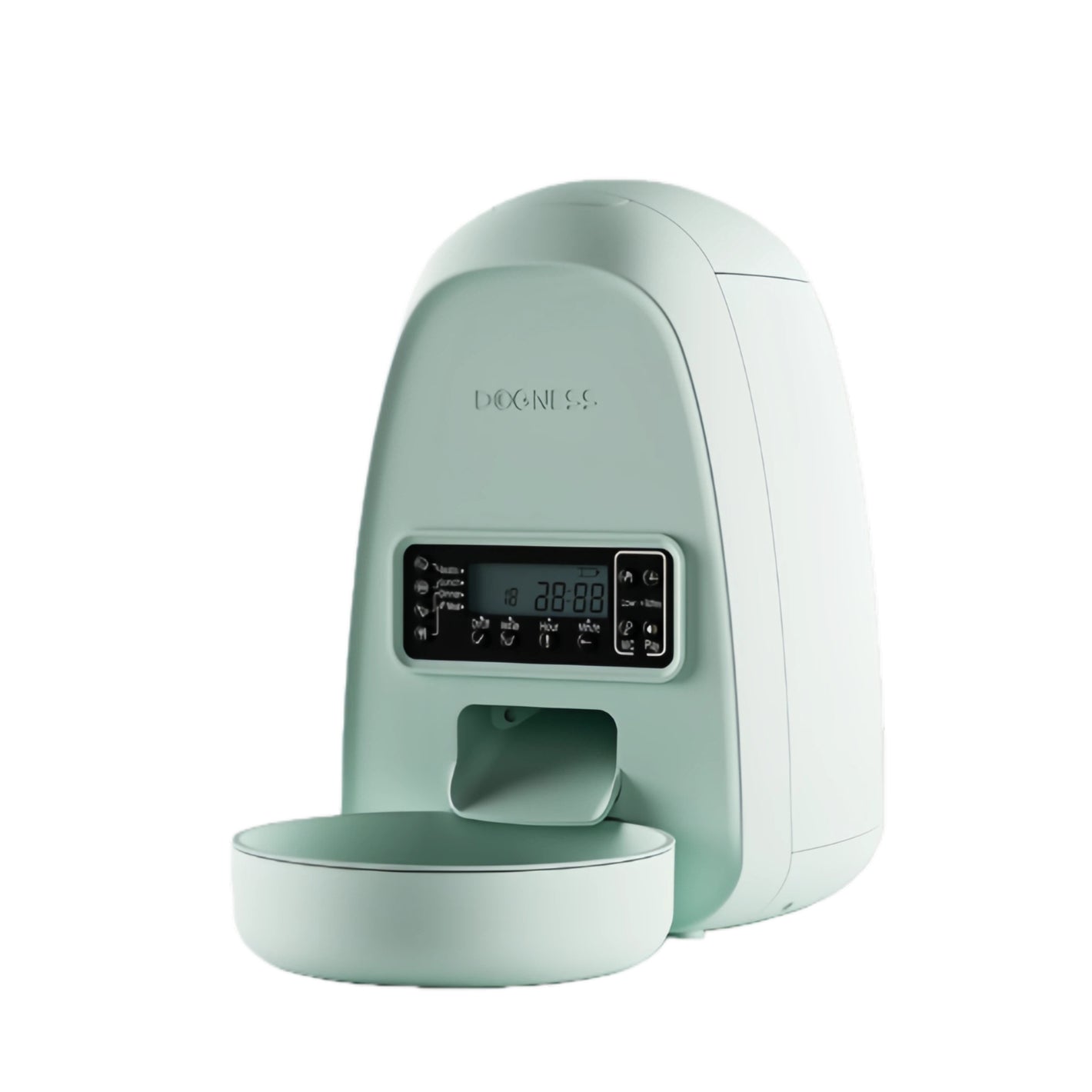Mint-green DOGNESS Mini programmable pet feeder with LCD timer and detachable bowl for scheduled cat and small-dog meals.