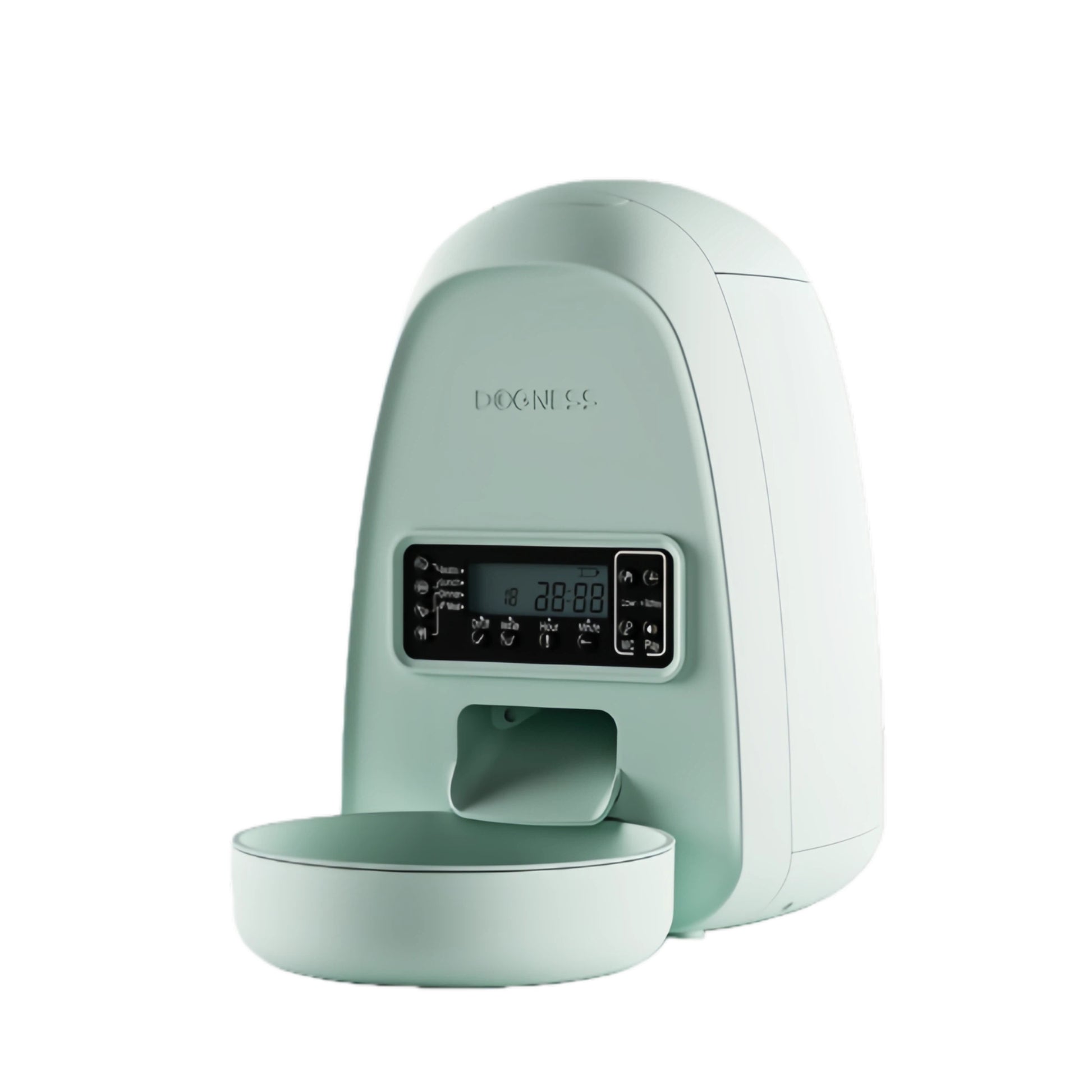 Mint-green DOGNESS Mini programmable pet feeder with LCD timer and detachable bowl for scheduled cat and small-dog meals.