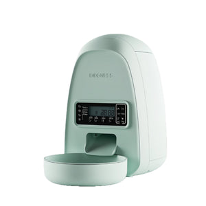 Mint-green DOGNESS Mini programmable pet feeder with LCD timer and detachable bowl for scheduled cat and small-dog meals.