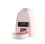 Pastel-pink DOGNESS Mini automatic pet feeder with digital display and anti-jam dispenser for cats and small dogs.