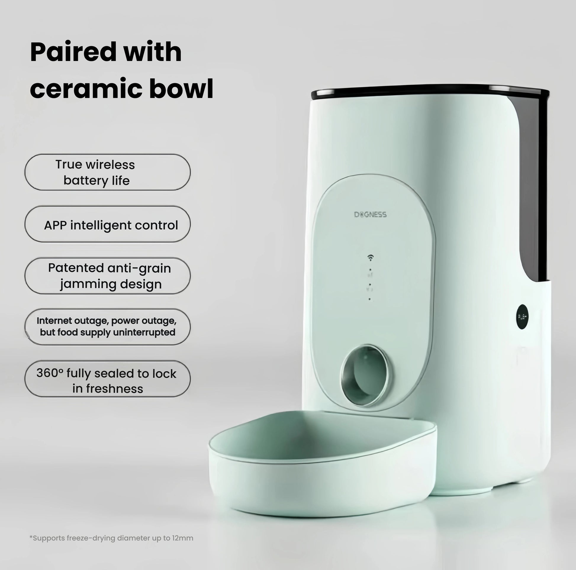 Mint-green DOGNESS Rover APP feeder with true wireless battery, ceramic bowl, anti-jam design, and 360° sealed freshness lock.