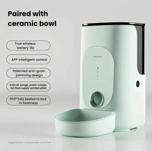 Mint-green DOGNESS Rover APP feeder with true wireless battery, ceramic bowl, anti-jam design, and 360° sealed freshness lock.