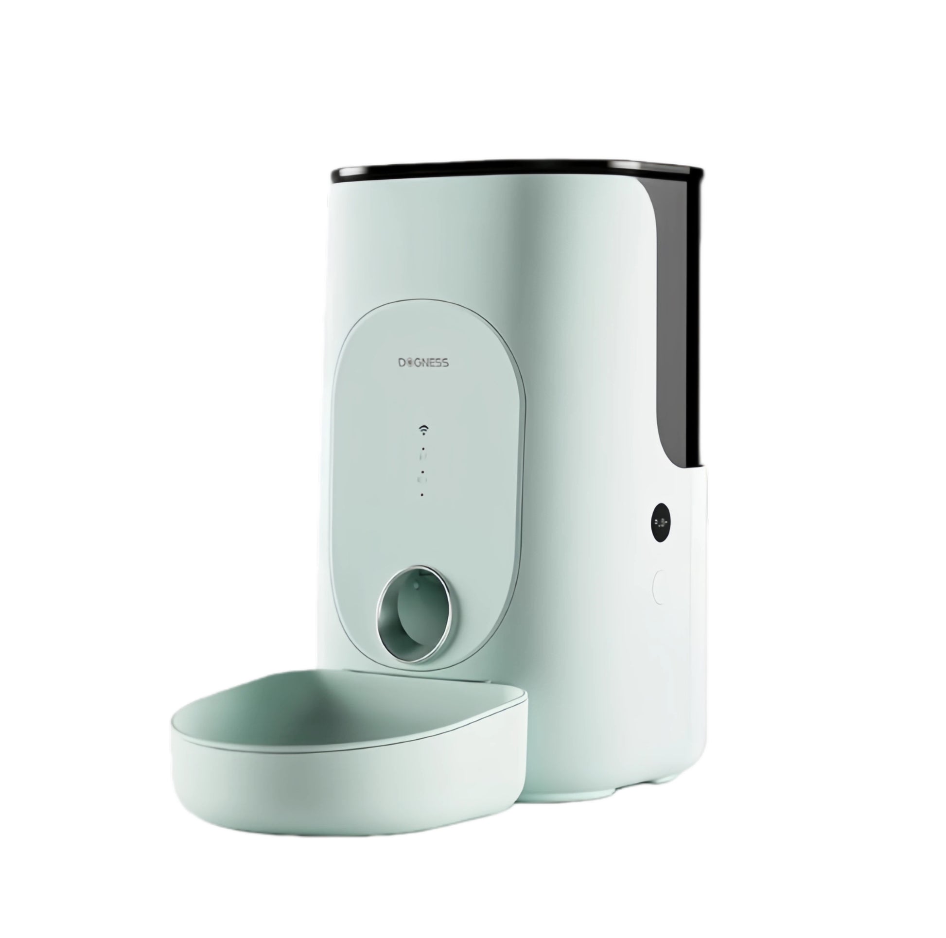 Side view of sleek mint-green DOGNESS Rover APP feeder showing Wi-Fi indicator, feed button, and ceramic dish.