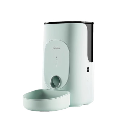 Side view of sleek mint-green DOGNESS Rover APP feeder showing Wi-Fi indicator, feed button, and ceramic dish.