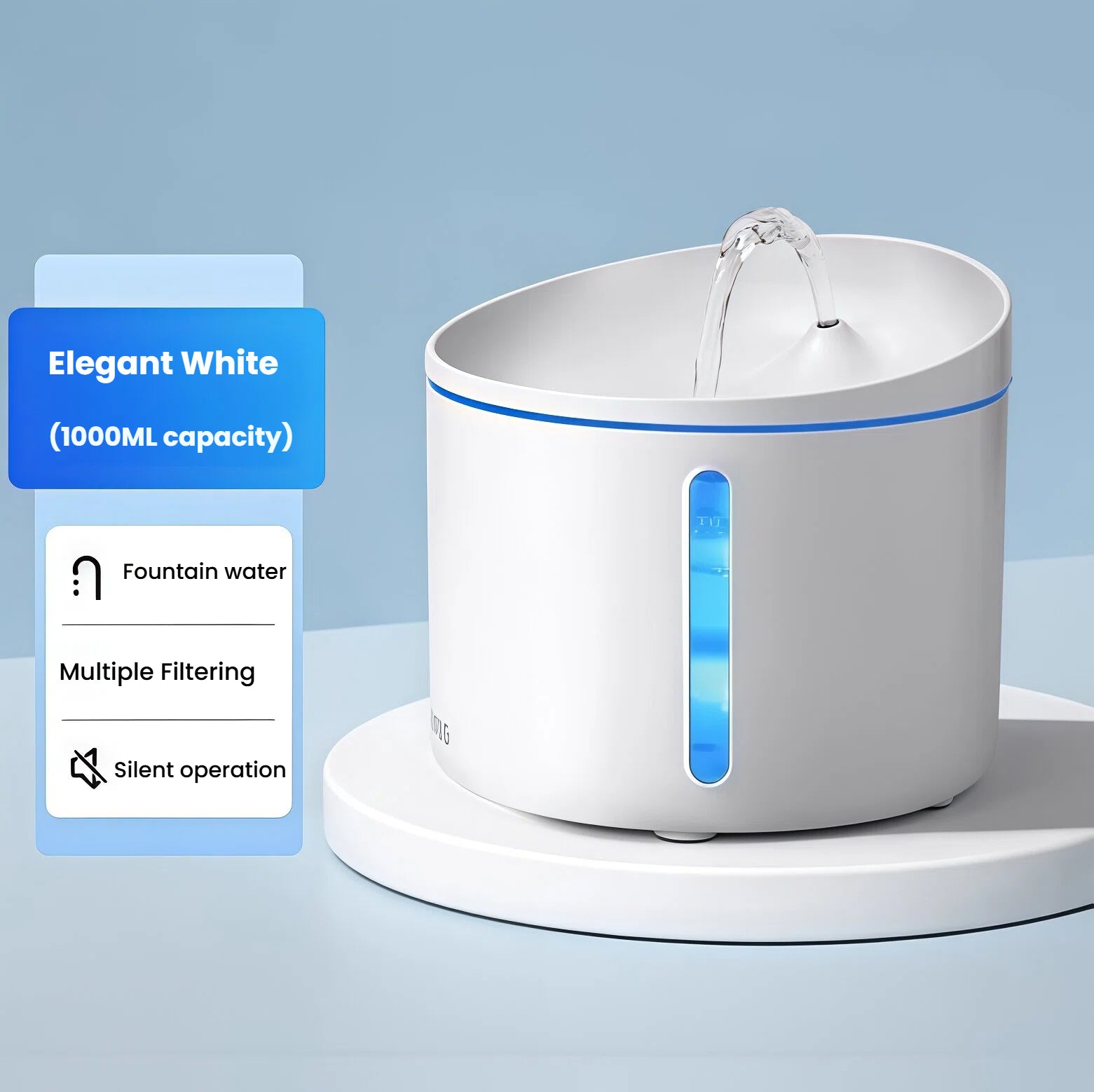 Elegant white 1 L DOGNESS smart sensor pet fountain with multi-stage filter, quiet pump and LED water-level window.