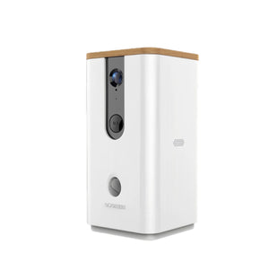 Front view of white DOGNESS 8065 smart pet camera with wooden top, 720P lens, microphone, and treat dispenser for dogs and cats.