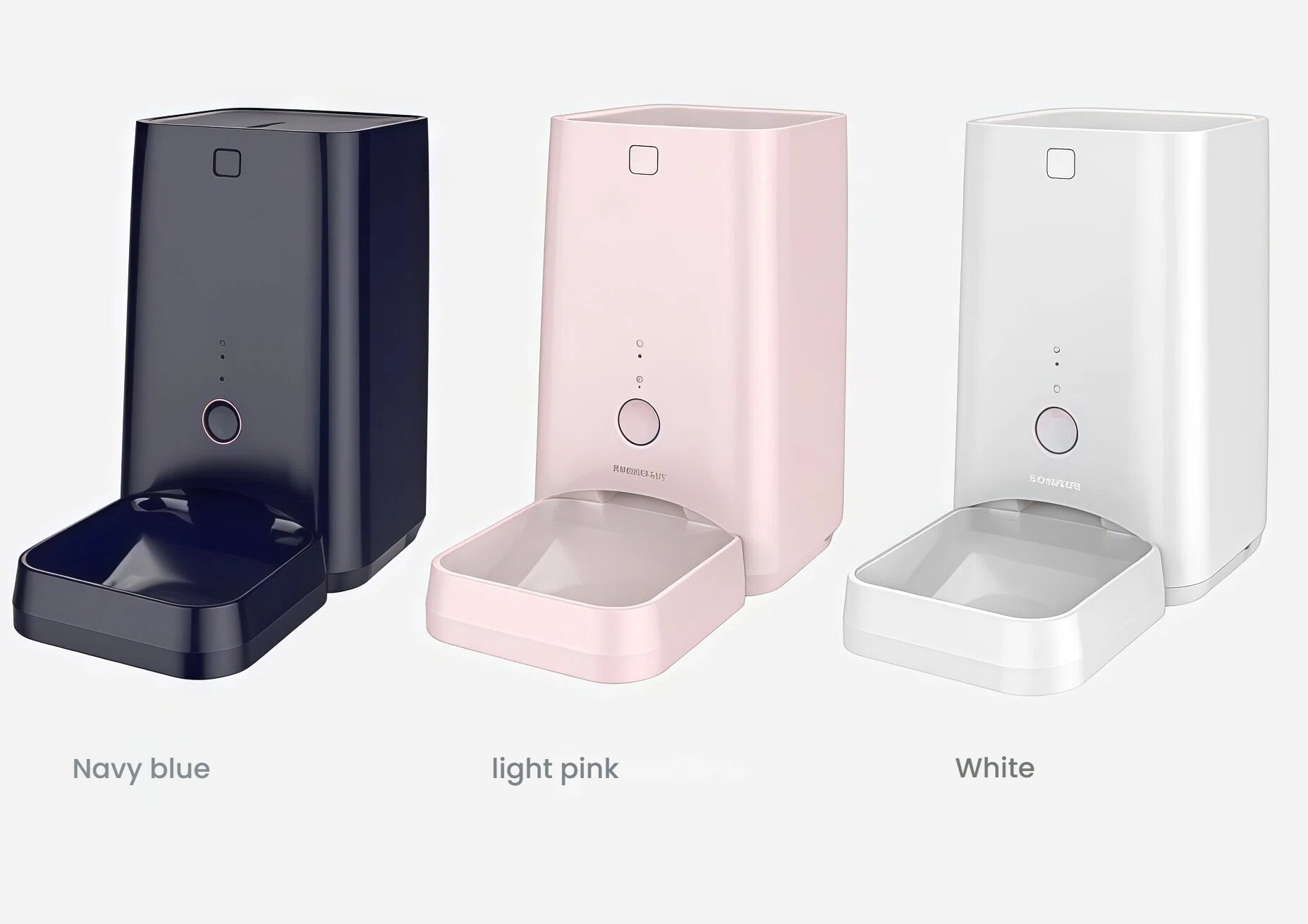Three DOGNESS 6L smart feeders in navy blue, light pink, and white, showcasing color options for every home décor.