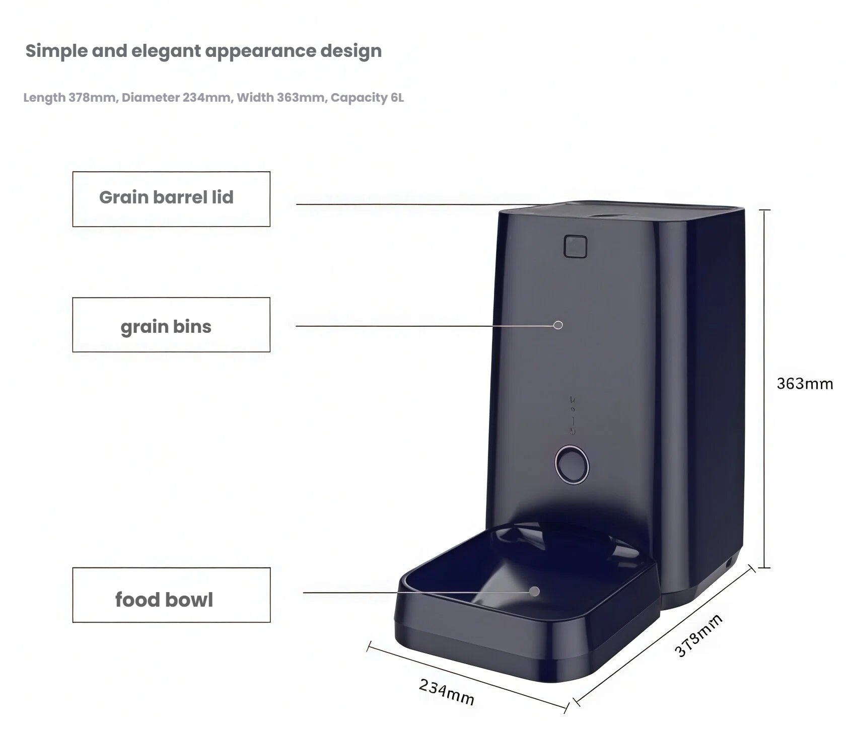 Technical diagram showing 378 mm length, 234 mm width, 363 mm height, and labeled parts of DOGNESS 6L smart feeder.