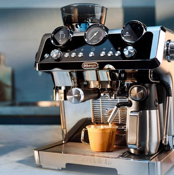 DeLonghi La Specialista Maestro EC9665BM in action, brewing a perfect cup of coffee.