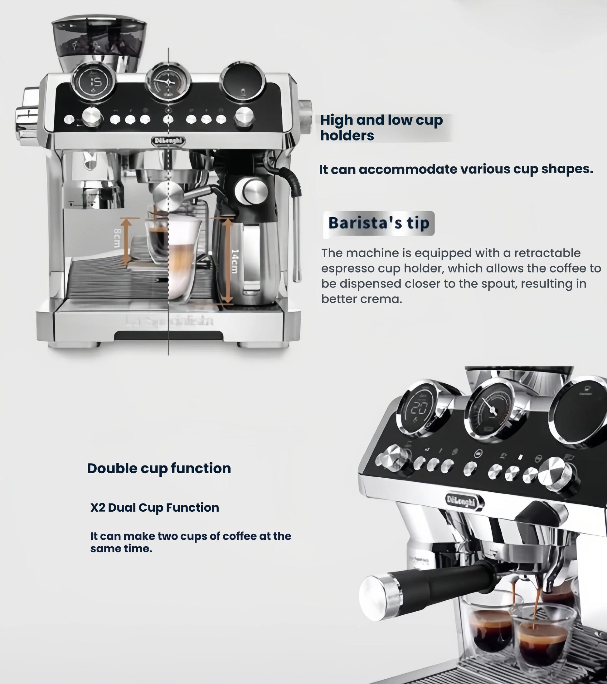 DeLonghi La Specialista Maestro EC9665BM with dual cup holders, capable of brewing two cups simultaneously.