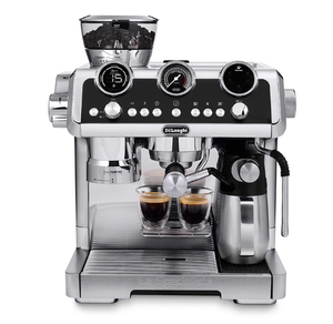 Front view of DeLonghi La Specialista Maestro EC9665BM showcasing its sleek design and features.