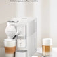 DeLonghi Lattissima One EN510W displaying the coffee machine with a milk capsule, highlighting its capsule system.
