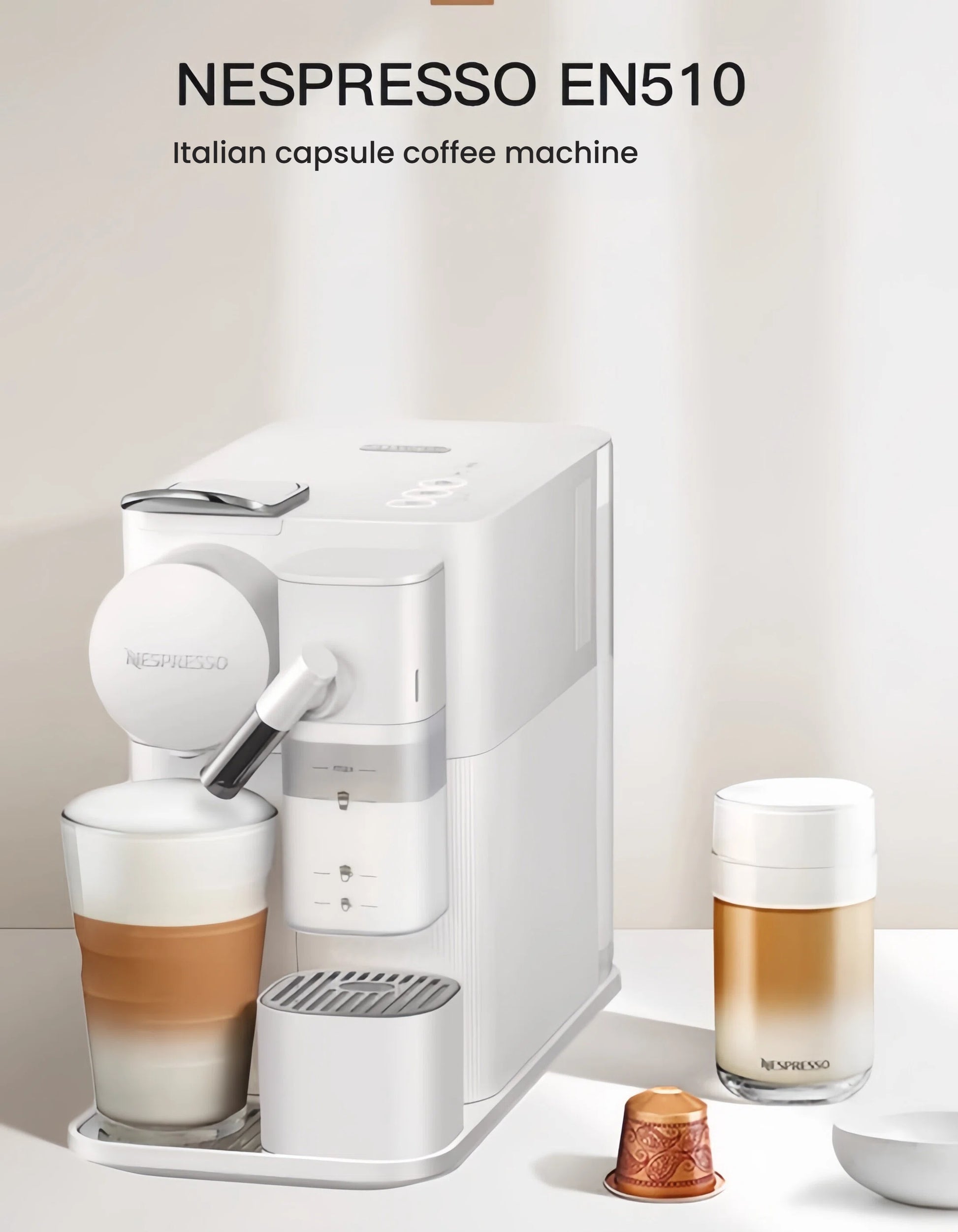 DeLonghi Lattissima One EN510W displaying the coffee machine with a milk capsule, highlighting its capsule system.