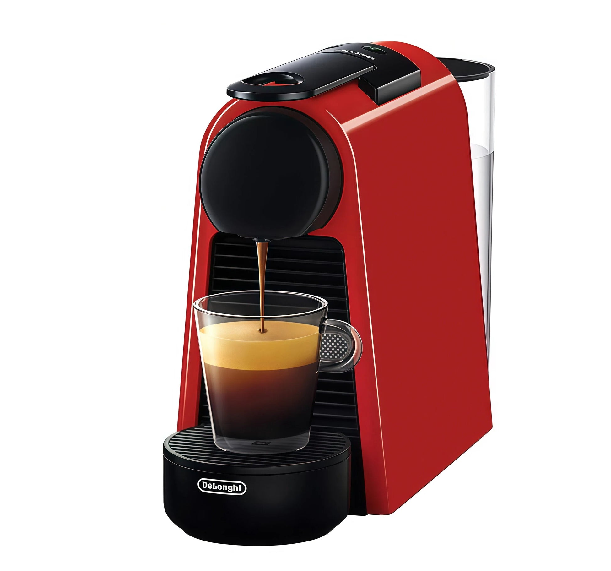 De'Longhi Essenza Mini EN85WAE capsule coffee machine in red, brewing a cup of coffee