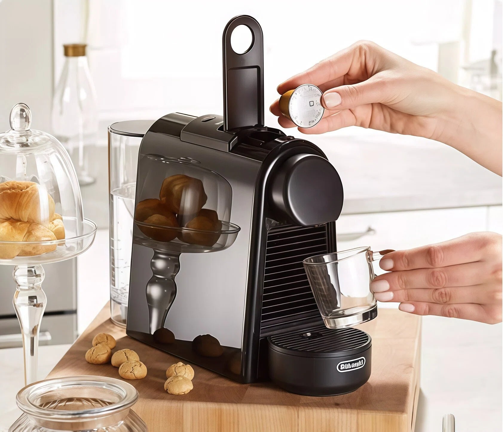 A hand loading a coffee capsule into the De'Longhi Essenza Mini EN85WAE capsule coffee machine, with pastries in the background.