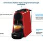 Overview of the De'Longhi Essenza Mini EN85WAE capsule coffee machine features, including noise level, materials, and automatic cleaning