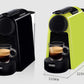 De'Longhi Essenza Mini EN85WAE capsule coffee machines in black and lime green, showcasing different color options with dimensions