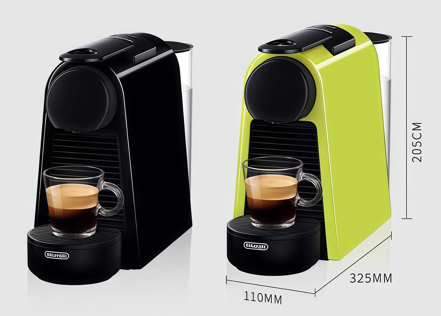 De'Longhi Essenza Mini EN85WAE capsule coffee machines in black and lime green, showcasing different color options with dimensions