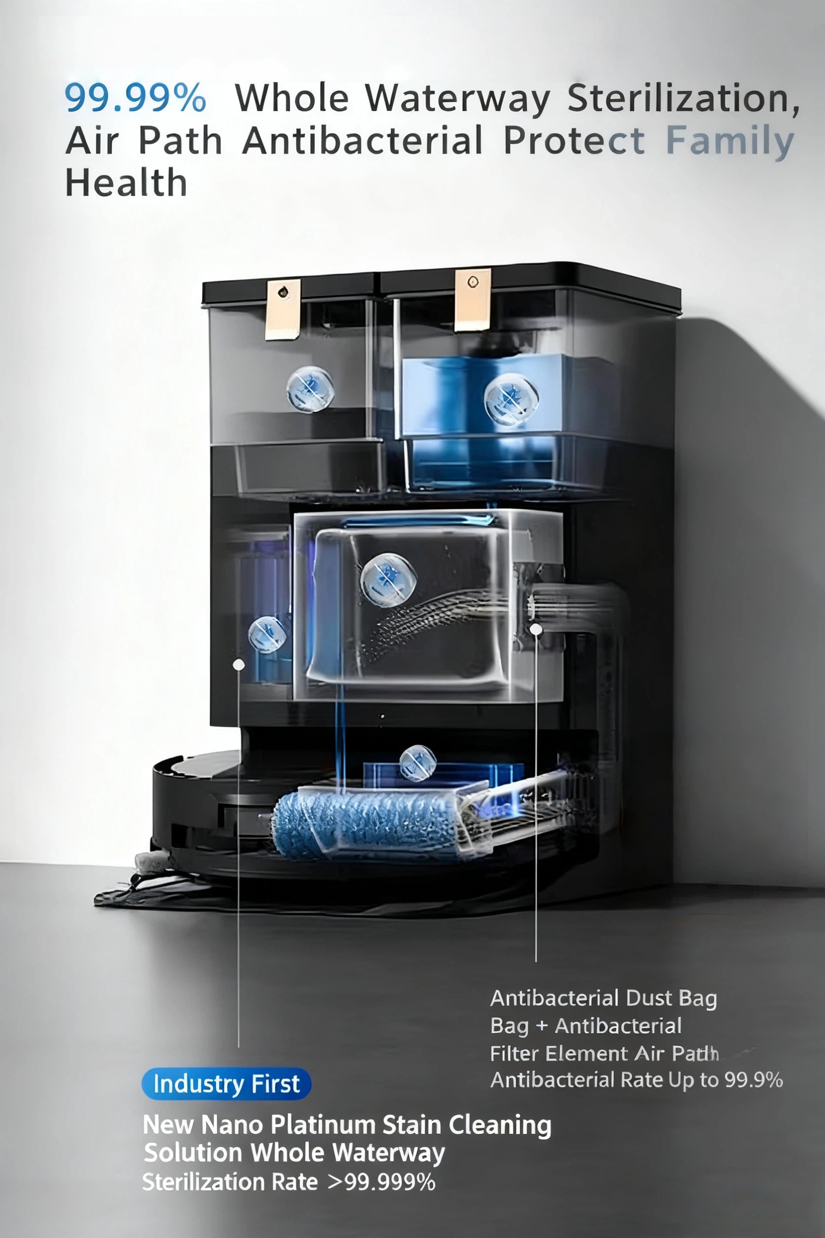 A cutaway view of the Deebot X8 Pro Omni's base station, illustrating the industry-first Nano Platinum Stain Cleaning Solution that provides over 99.99% sterilization for the entire waterway and an antibacterial air path to protect family health.