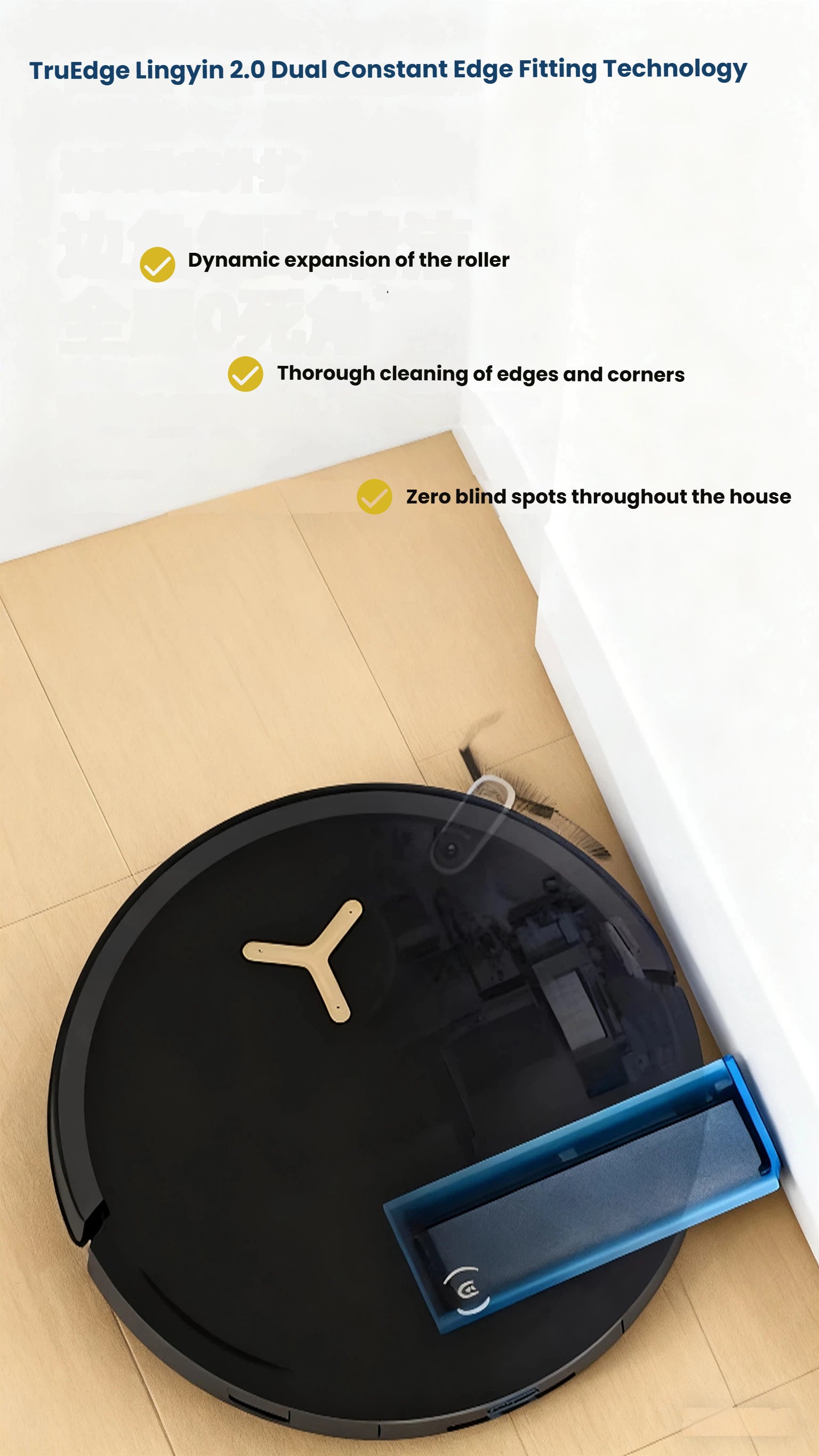 The ECOVACS Deebot X8 Pro Omni robot vacuum cleaning along a white wall, showcasing the TruEdge Lingyin 2.0 technology with its dynamically expanding roller for thorough cleaning of edges and corners, leaving zero blind spots.