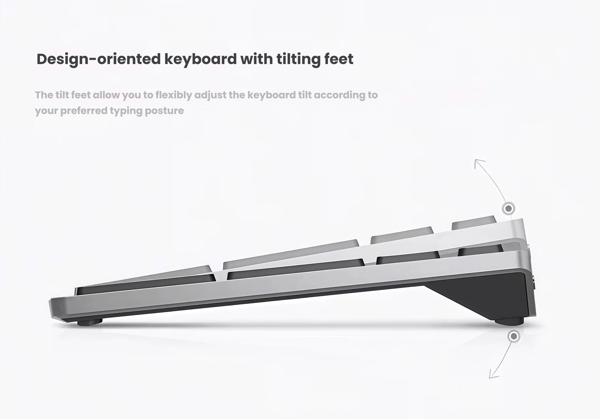 Side profile of the Dell KM7120W wireless keyboard showing the built-in tilt feet. These adjustable feet allow users to customize the keyboard angle for optimal wrist comfort and ergonomic typing, reducing strain during extended use.