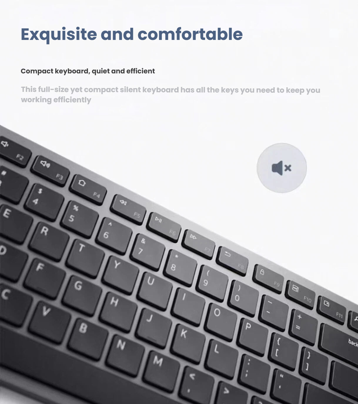 Close-up view of the Dell KM7120W wireless keyboard showcasing its quiet, silent key switches. The full-size layout includes all essential keys while maintaining a sleek, compact design ideal for home offices and professional use. Perfect for environments requiring minimal noise.