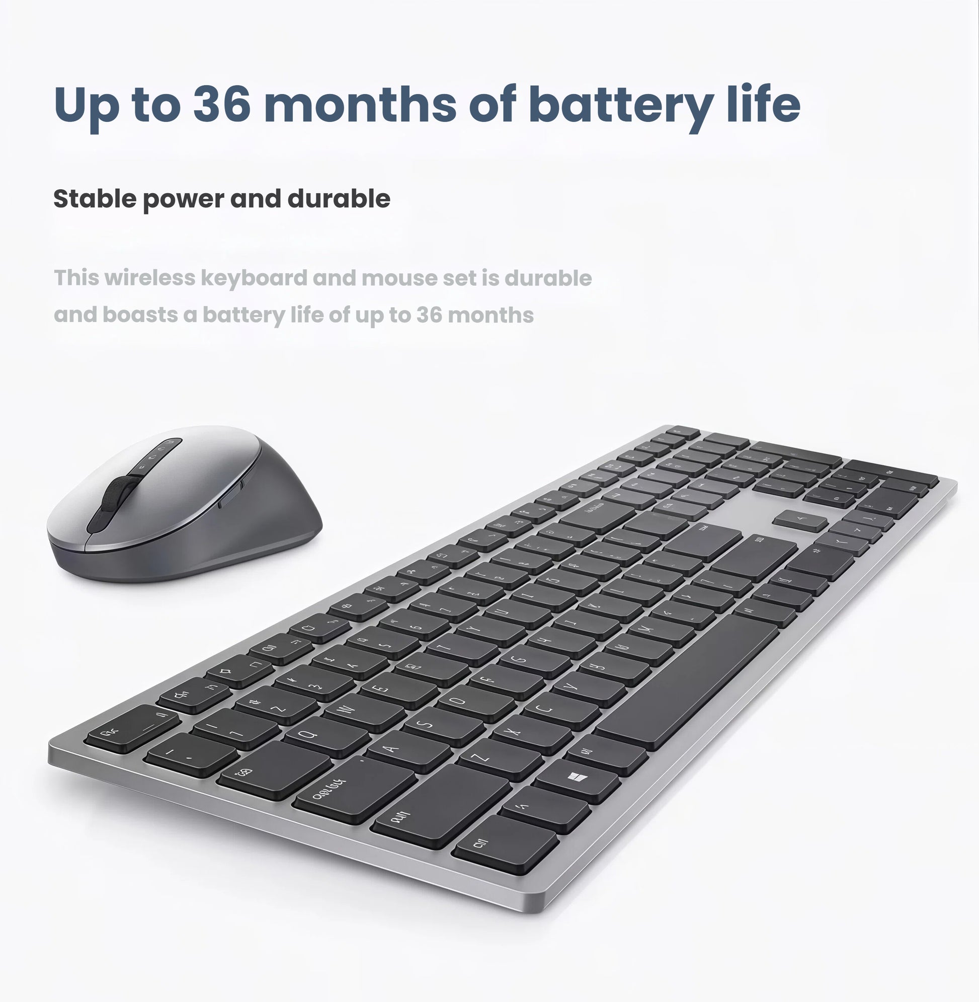 The Dell KM7120W wireless keyboard and mouse set displayed together on a clean white background. This durable, multi-device compatible kit features long-lasting battery performance with up to 36 months of use, making it ideal for daily productivity and office work.