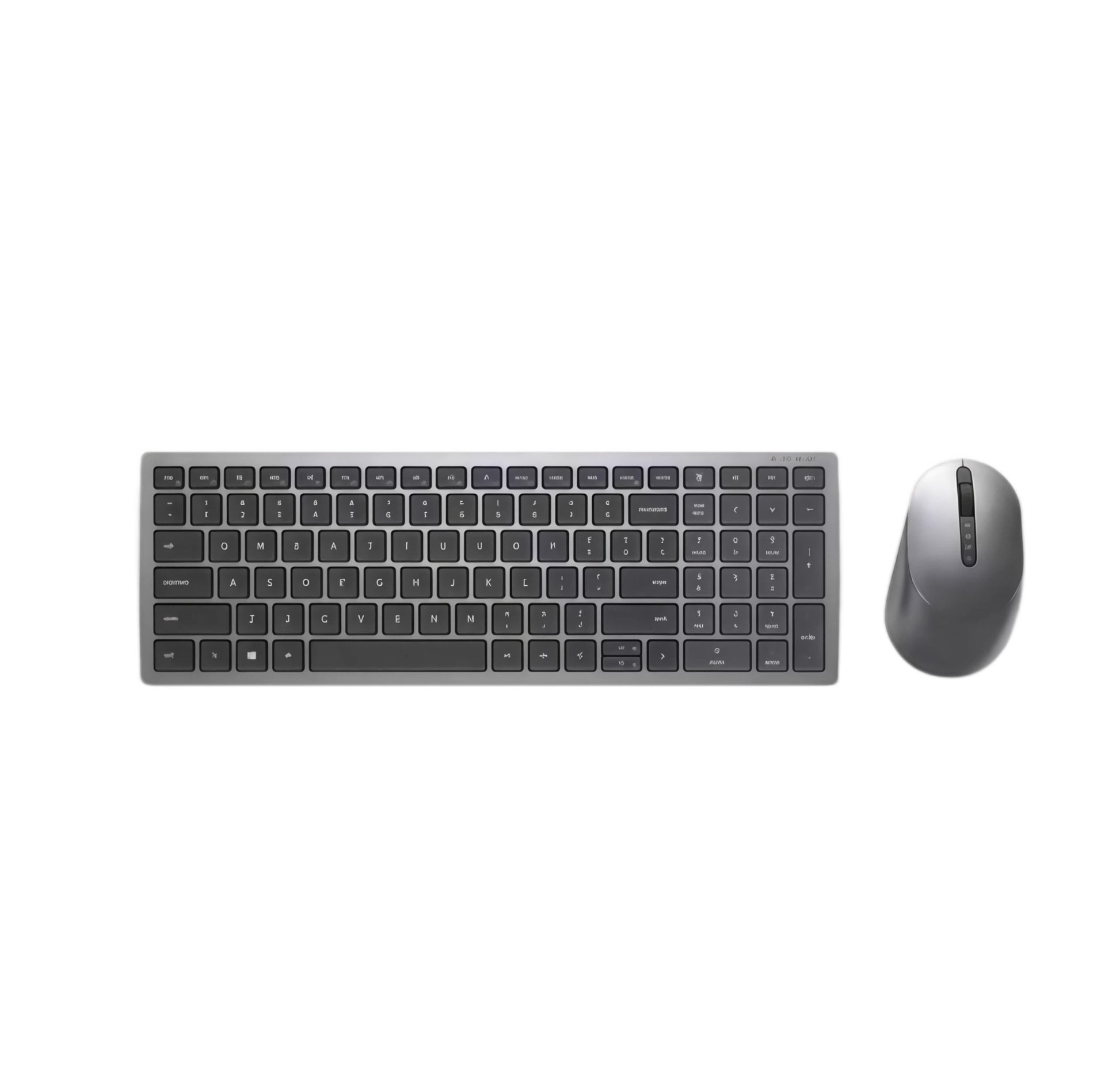 Front-facing view of the Dell KM7120W wireless keyboard and mouse set against a white background. The minimalist silver aluminum frame and black keys highlight a modern, professional aesthetic suitable for desktops, laptops, and hybrid setups.