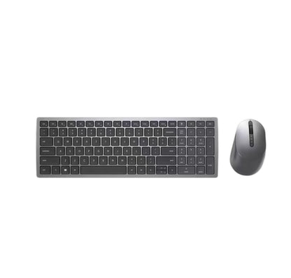 Front-facing view of the Dell KM7120W wireless keyboard and mouse set against a white background. The minimalist silver aluminum frame and black keys highlight a modern, professional aesthetic suitable for desktops, laptops, and hybrid setups.