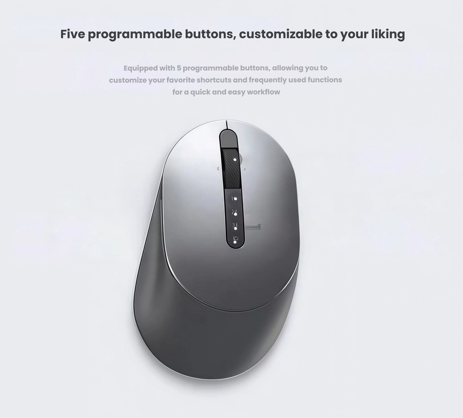 Top-down view of the Dell KM7120W wireless mouse featuring five programmable buttons, including scroll wheel and side controls. Users can customize these buttons for quick access to frequently used functions, improving workflow efficiency.