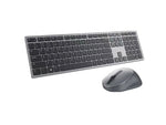 Front view of the Dell KM7321W wireless keyboard and mouse combo, featuring a sleek silver aluminum frame with black keys and a matching ergonomic mouse. Designed for multi-device connectivity, this premium set includes Bluetooth and USB receiver support, ideal for home office, laptop, or desktop use.