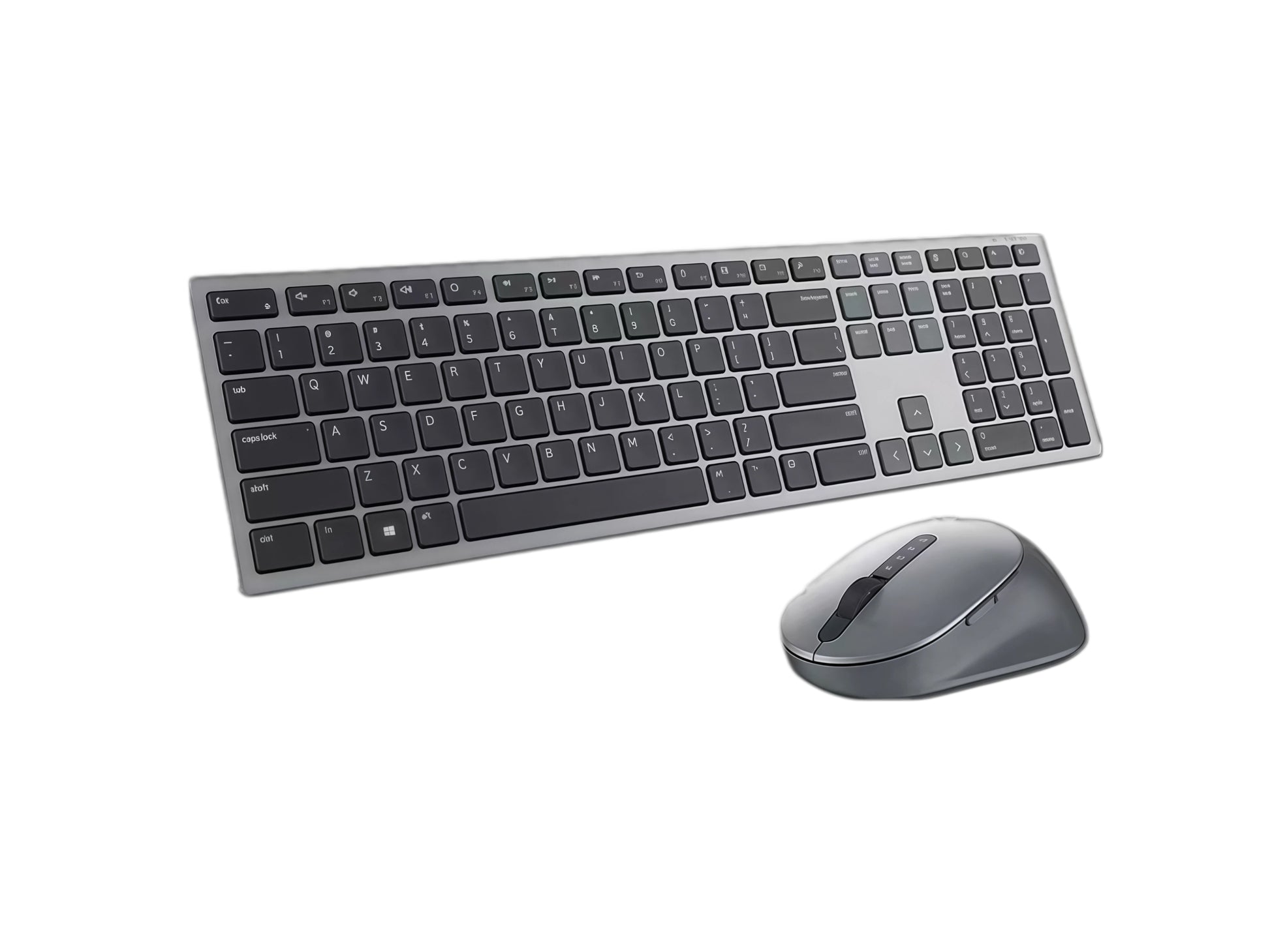 Front view of the Dell KM7321W wireless keyboard and mouse combo, featuring a sleek silver aluminum frame with black keys and a matching ergonomic mouse. Designed for multi-device connectivity, this premium set includes Bluetooth and USB receiver support, ideal for home office, laptop, or desktop use.
