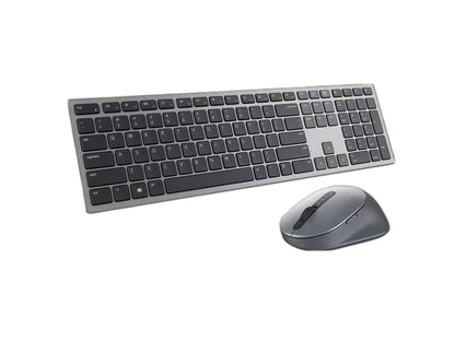 Front view of the Dell KM7321W wireless keyboard and mouse combo, featuring a sleek silver aluminum frame with black keys and a matching ergonomic mouse. Designed for multi-device connectivity, this premium set includes Bluetooth and USB receiver support, ideal for home office, laptop, or desktop use.