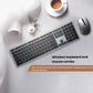 Lifestyle image of the Dell KM7321W wireless keyboard and mouse placed on a clean desk setup with a cup of coffee, notebook, and decorative elements. Highlights dual-mode connectivity, easy switching between multiple devices, low noise typing, and high efficiency for remote work and productivity.