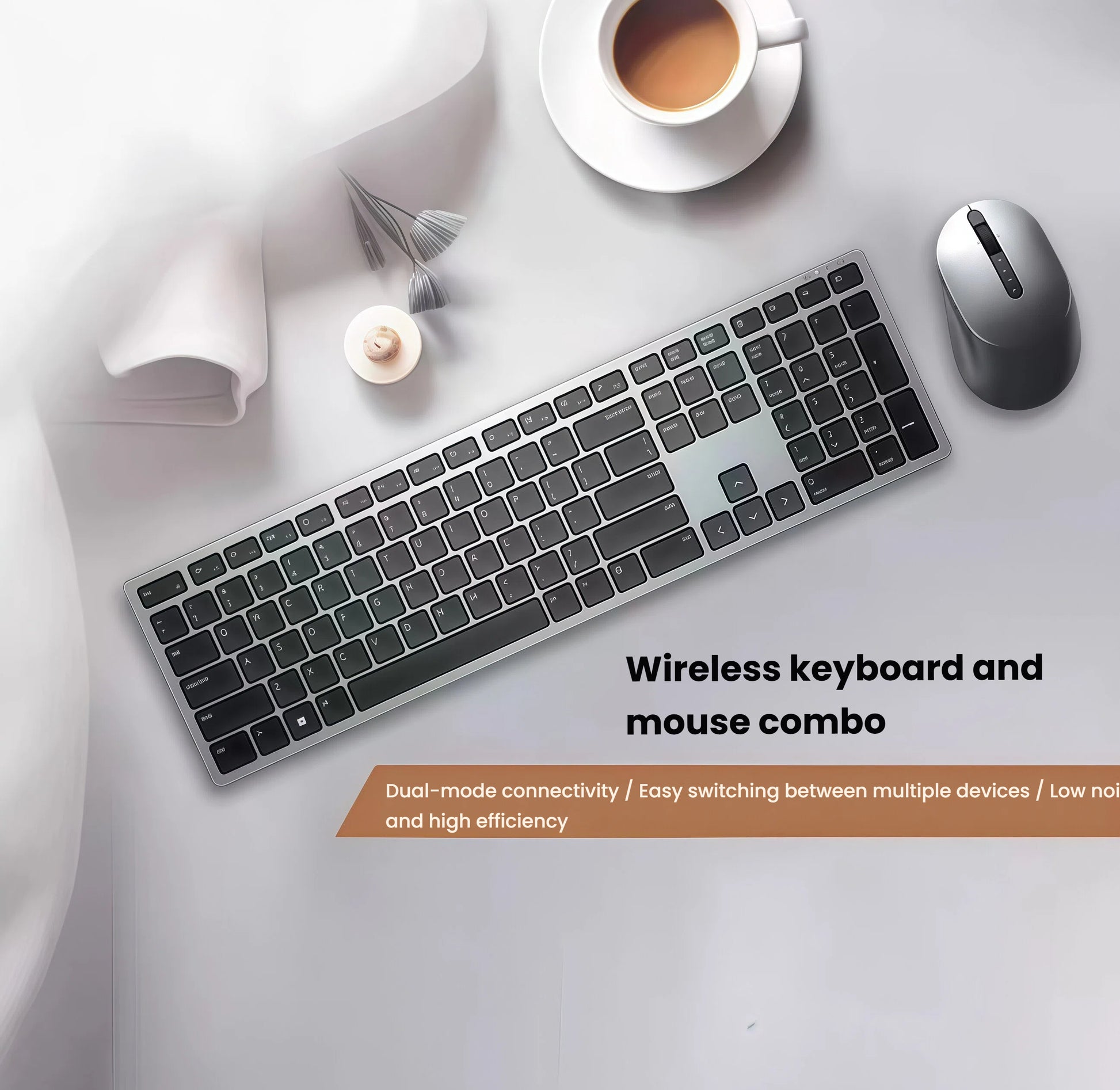 Lifestyle image of the Dell KM7321W wireless keyboard and mouse placed on a clean desk setup with a cup of coffee, notebook, and decorative elements. Highlights dual-mode connectivity, easy switching between multiple devices, low noise typing, and high efficiency for remote work and productivity.