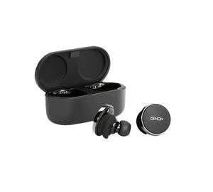 Denon PerL Pro black true wireless earbuds with open charging case — sleek design, compact build, and premium materials ideal for everyday use, travel, and professional audio needs.