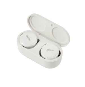 Denon PerL Pro white wireless earbuds neatly placed in open charging case — minimalist design, premium finish, and portable storage perfect for fashion-conscious users.