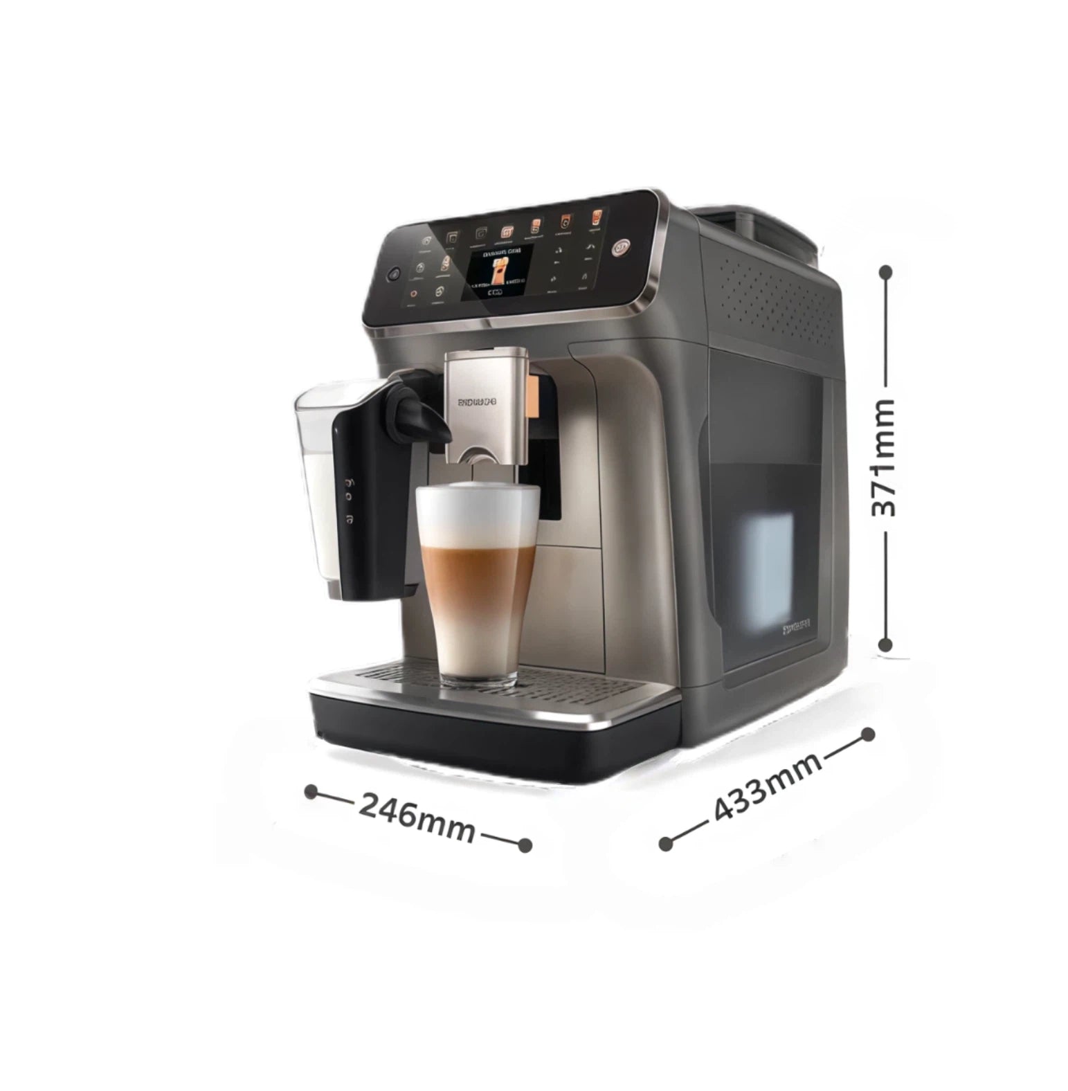 Measurements of the Philips EP5541 espresso machine, showing its width, depth, and height