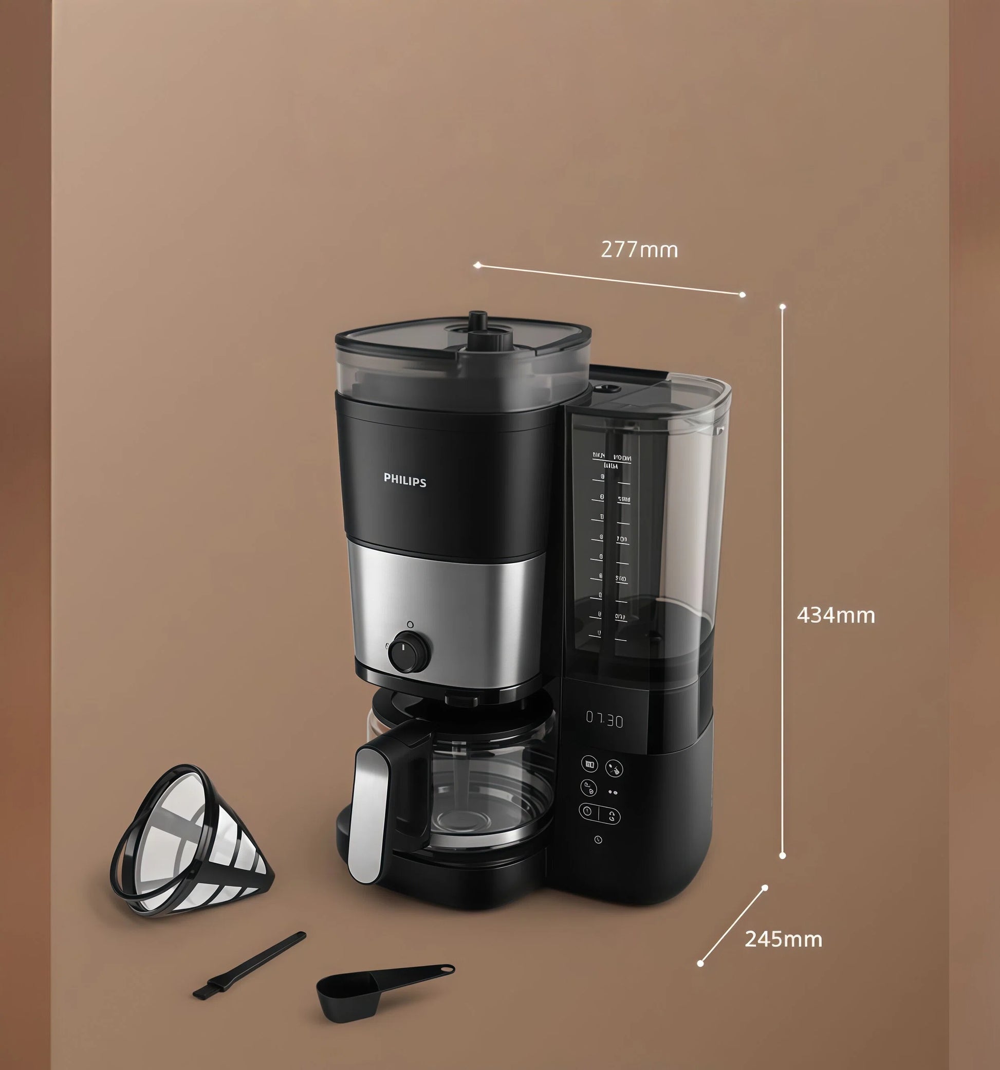 Measurements of the Philips HD7900 coffee machine, showing its width, depth, and height, with removable parts displayed