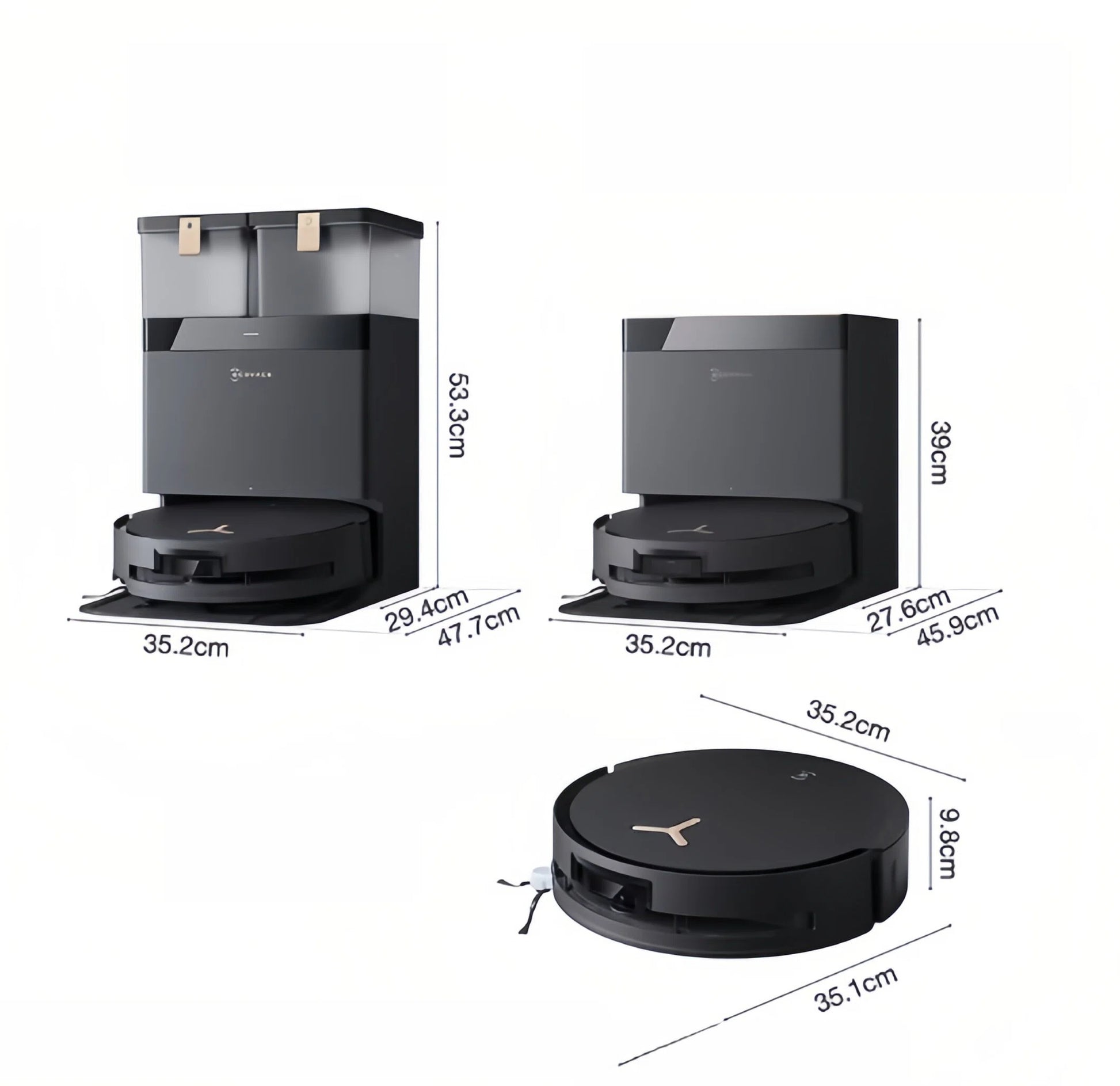 A diagram showing the precise measurements for the ECOVACS Deebot X8 Pro Omni. The robot vacuum is 9.8cm tall with a 35.1cm diameter. The two base station options' dimensions are also detailed.
