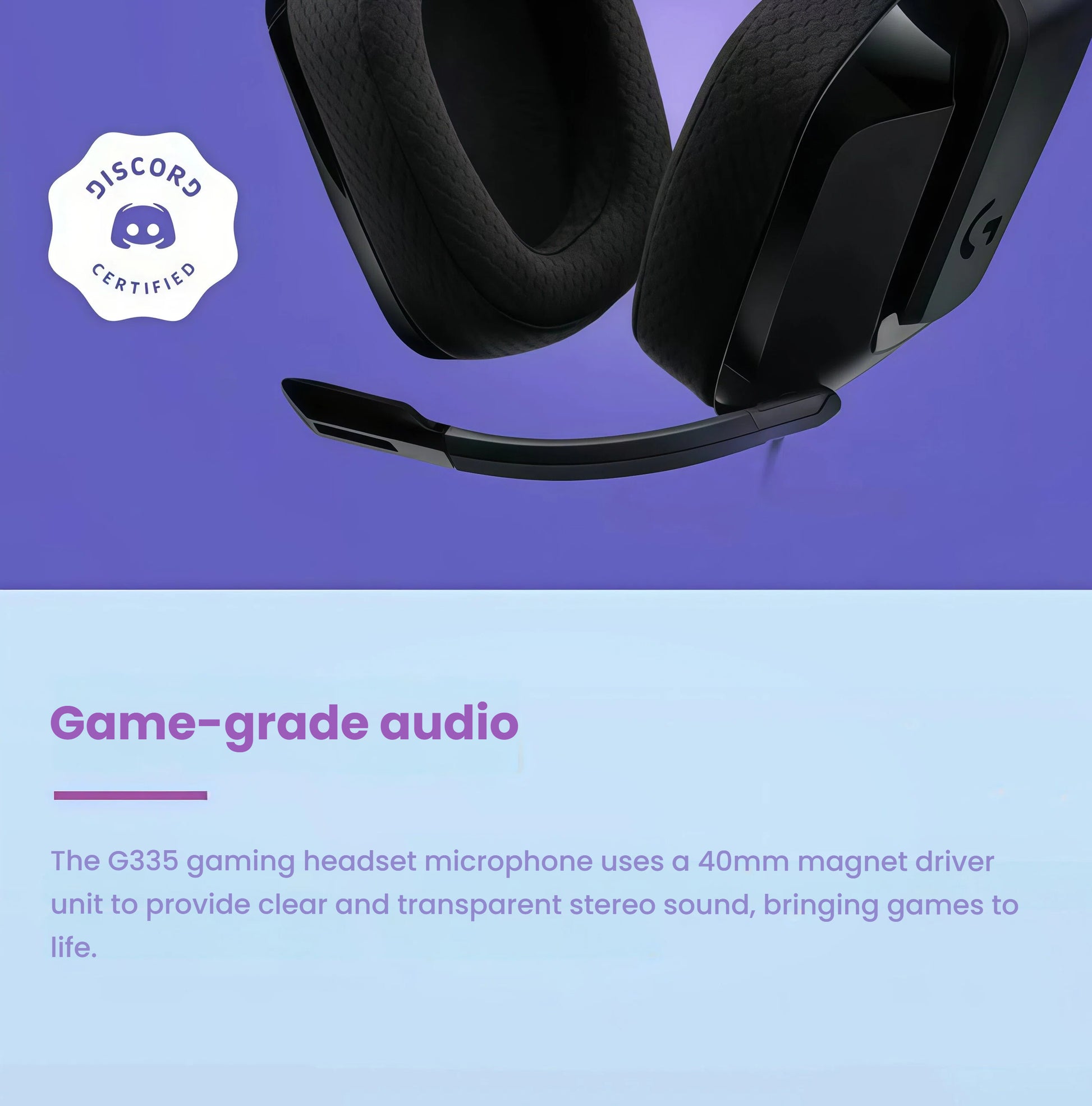 Close-up of the black G335’s folding boom mic against a purple background, highlighting Discord certification and convenient mute function.