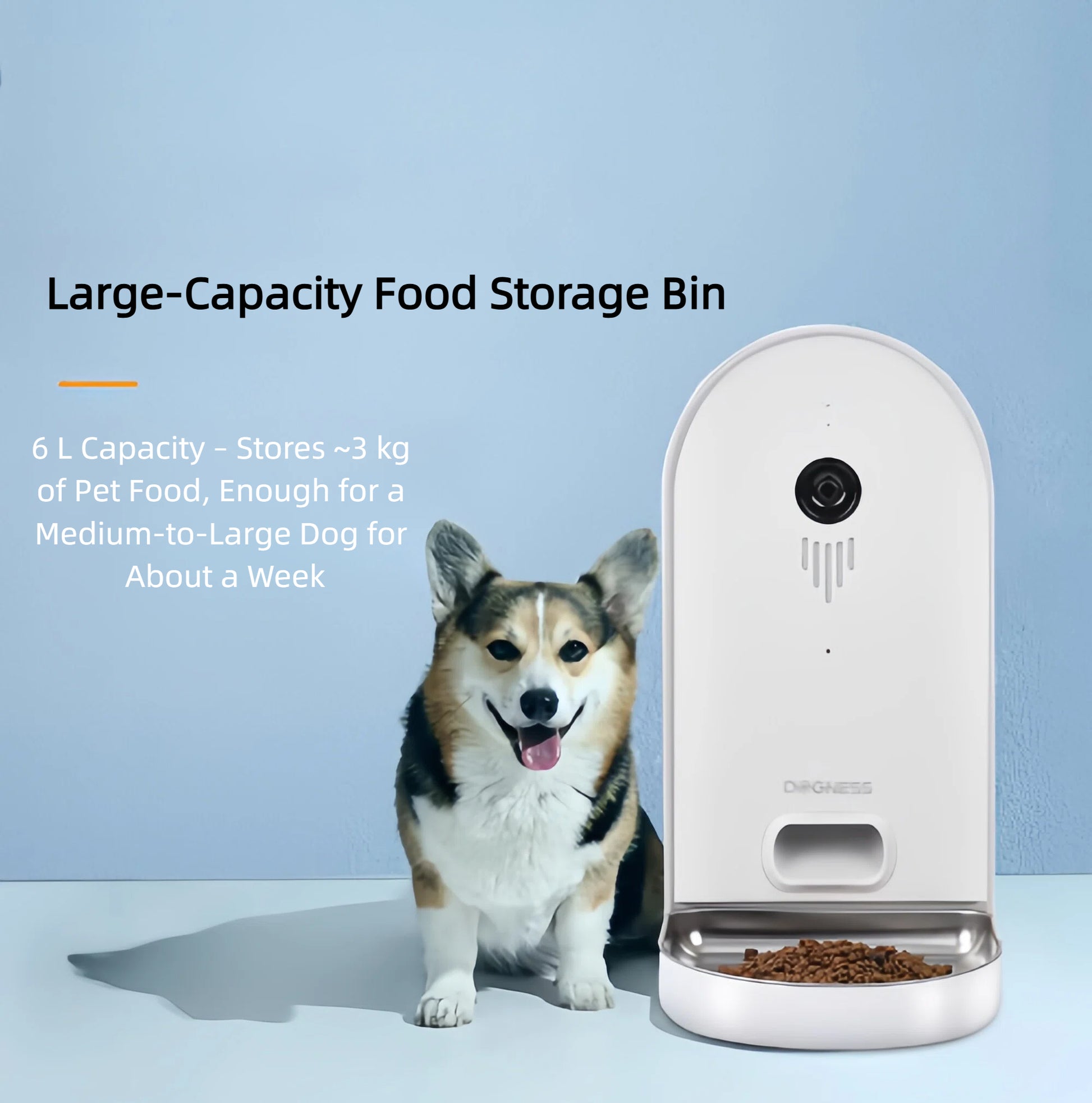 Happy corgi next to Dogness 6 L smart feeder highlighting 6 L bin that holds ~3 kg of food for a medium-to-large dog for about a week.