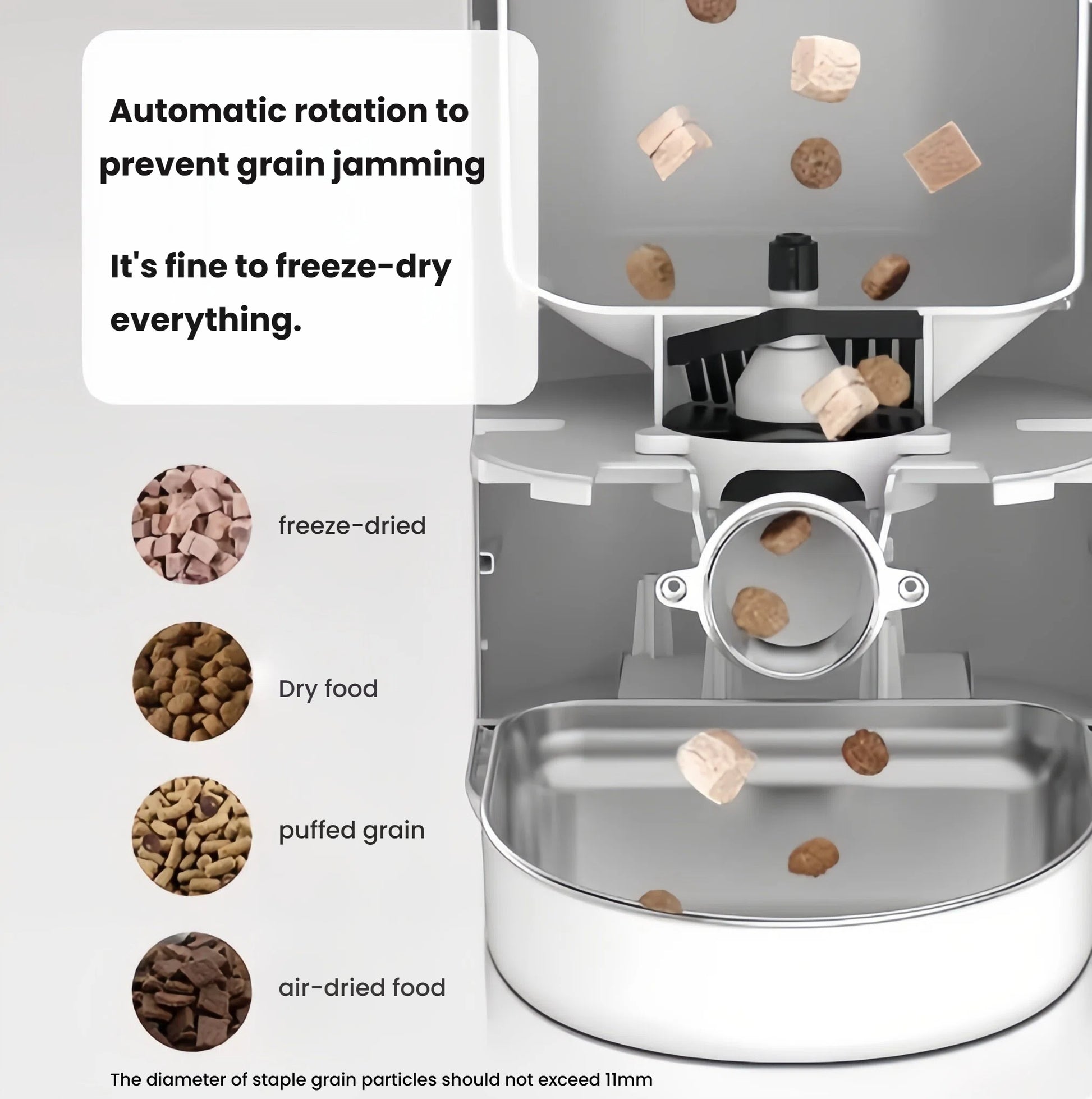 Internal rotor of Dogness 6 L feeder preventing jams while dispensing freeze-dried, dry, puffed, and air-dried food up to 11 mm.