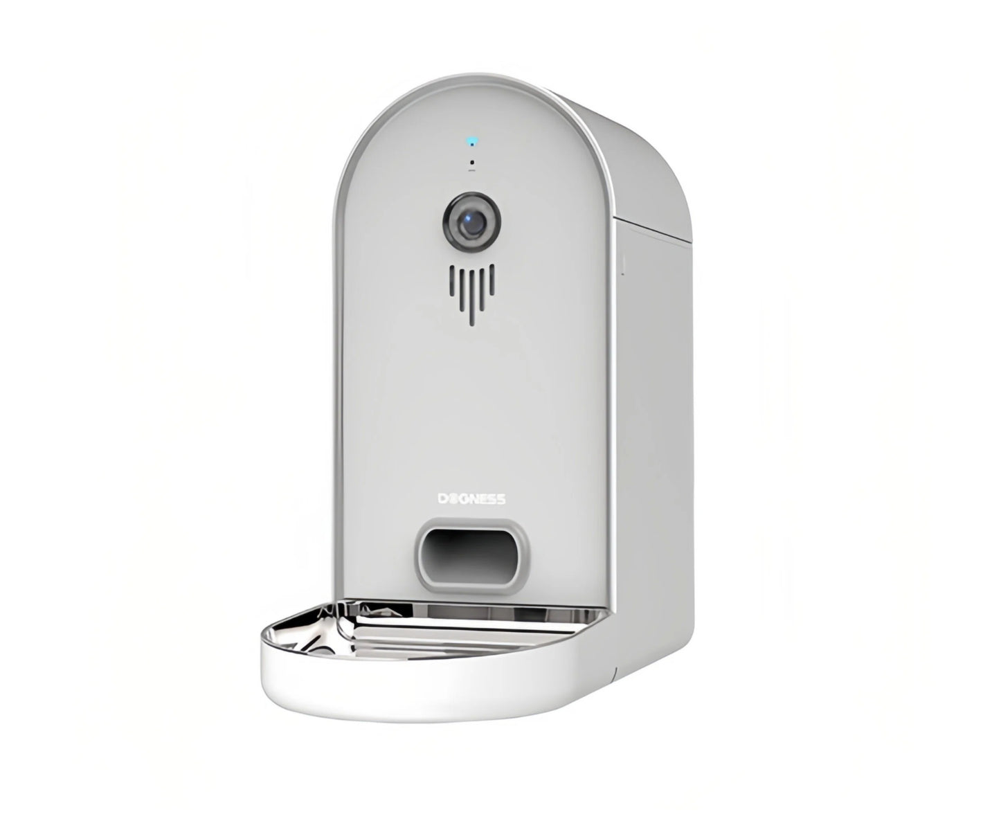 White Dogness 6 L smart camera feeder with HD lens, Wi-Fi connectivity, and stainless-steel bowl for cats and dogs.