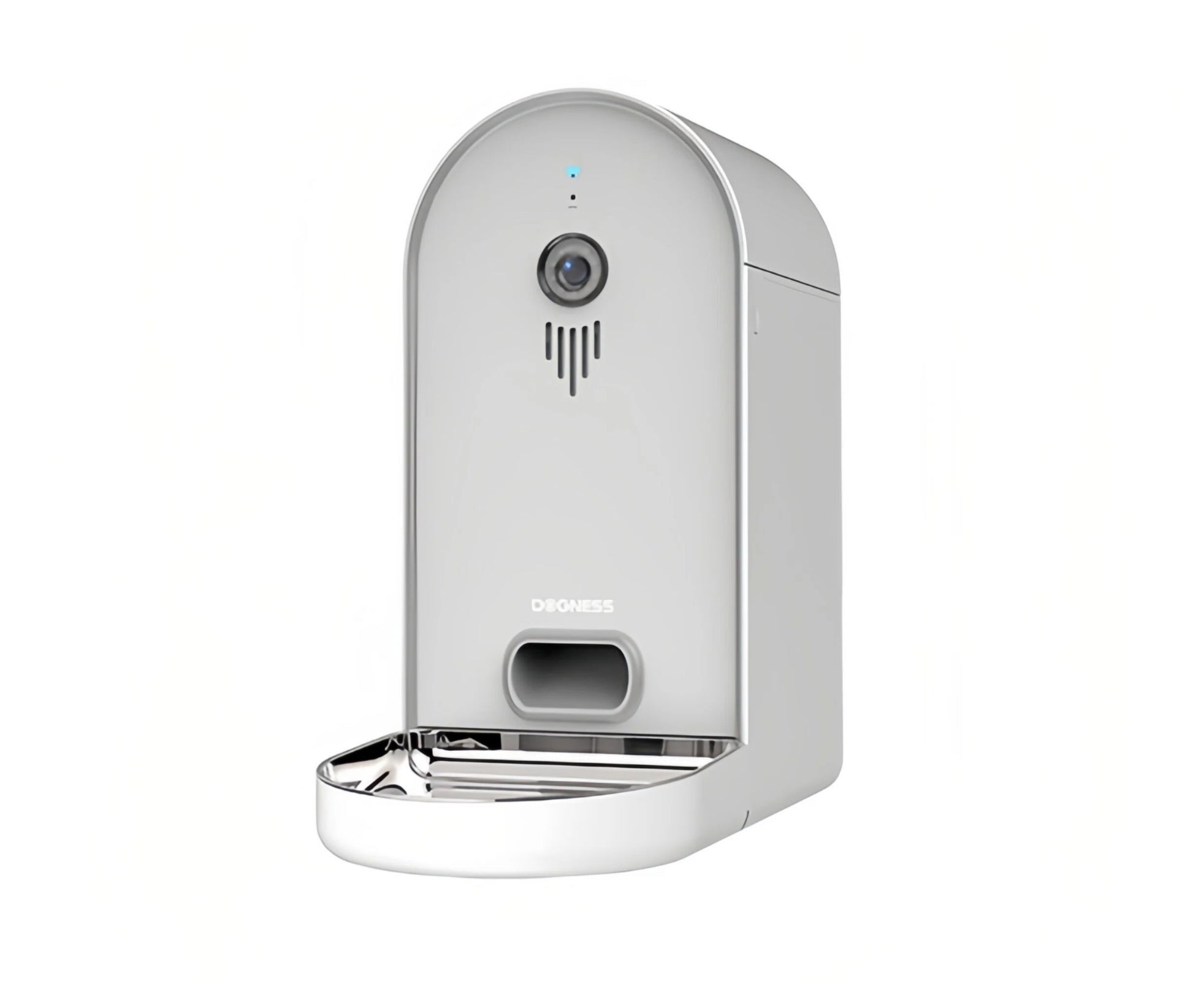 White Dogness 6 L smart camera feeder with HD lens, Wi-Fi connectivity, and stainless-steel bowl for cats and dogs.