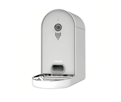 White Dogness 6 L smart camera feeder with HD lens, Wi-Fi connectivity, and stainless-steel bowl for cats and dogs.