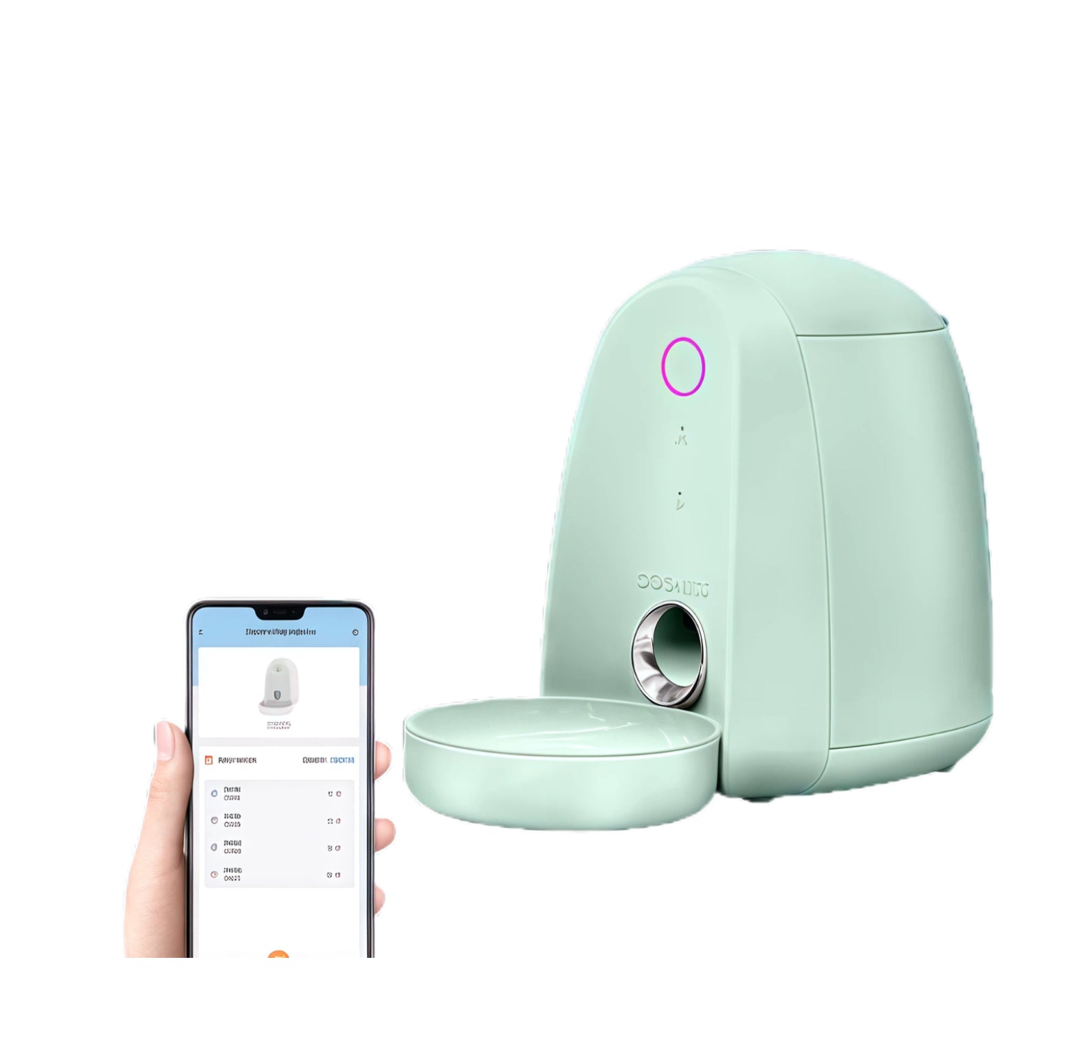 Mint-green Dogness Mini 2 L smart feeder controlled by mobile app, featuring 2.4 GHz Wi-Fi and precise meal scheduling.