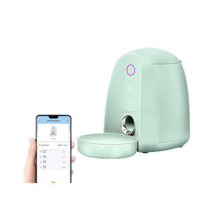 Mint-green Dogness Mini 2 L smart feeder controlled by mobile app, featuring 2.4 GHz Wi-Fi and precise meal scheduling.