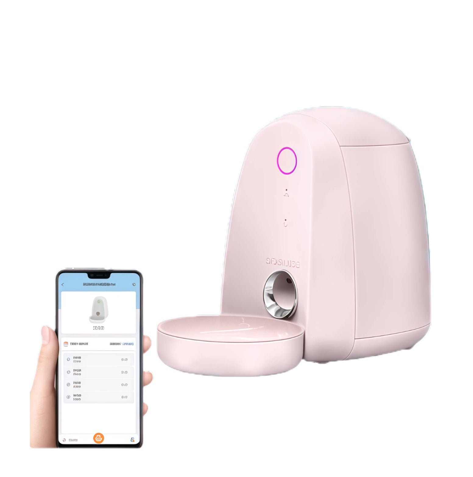 Pastel-pink Dogness Mini 2 L Wi-Fi pet feeder with app-based portion control and timed feeding for cats and small dogs.